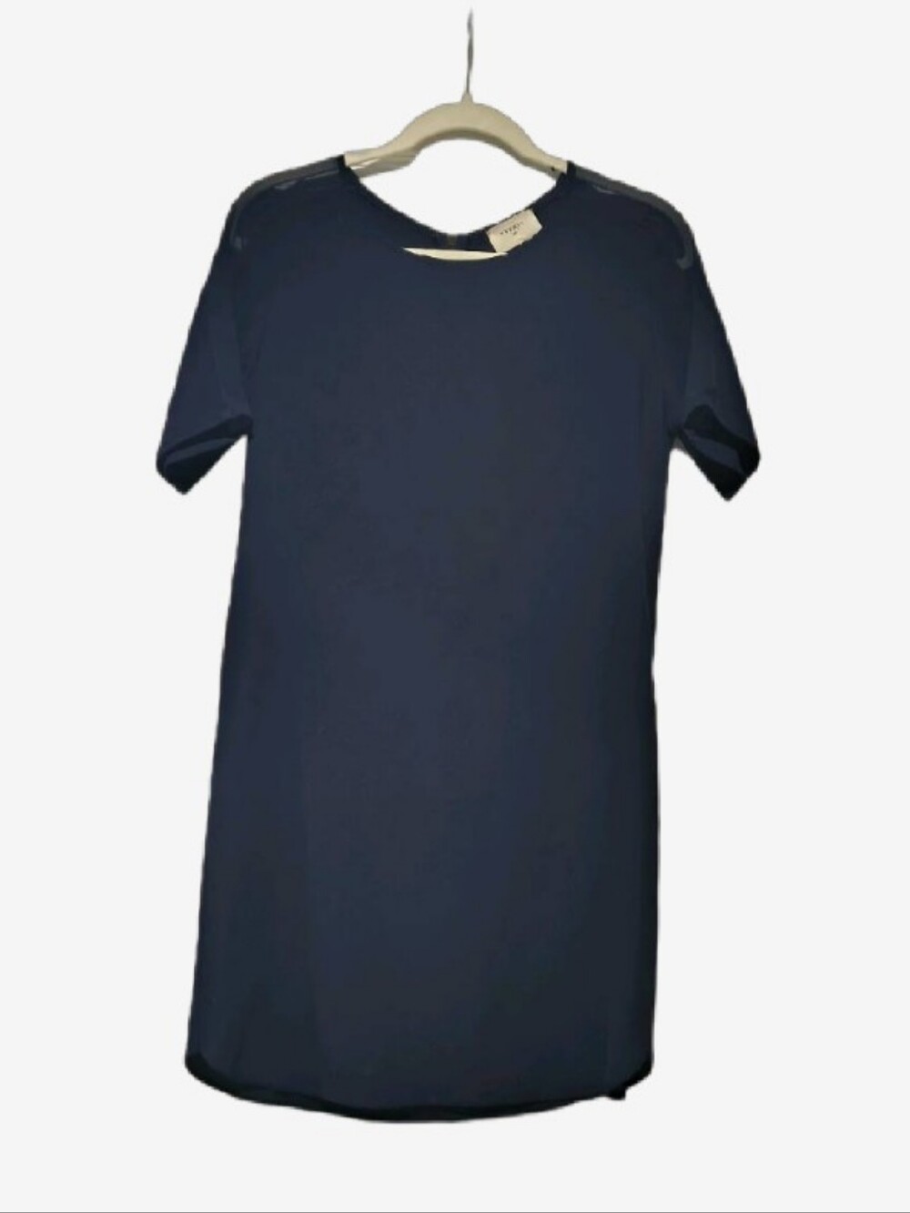 Everly Navy Blue Sheer Mesh Shoulder Shift Dress Short Sleeve Size S - Picture 2 of 8